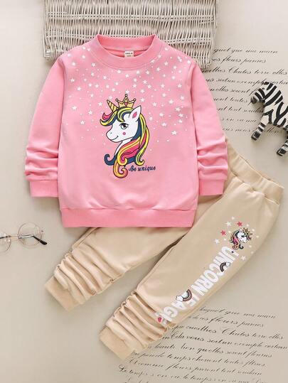 SHEIN 2件套女童卡通印花圆领长袖上衣和裤子套装，冬季女童套装，秋冬季女童套装，独角兽图案女童服装，女童长袖套装，女童卫衣套装