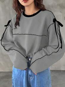 FRIFUL Camiseta de mujer de cuello redondo oversize con contraste de color y lazo