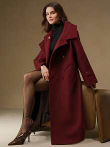 Anewsta Women's High-End Elegant Stand Collar Loose Mid-Length Burgundy Overcoat,Autumn Elegant Office Luxury Formal Chic Dark Coat For Christmas New Year - Burgundy - View 6