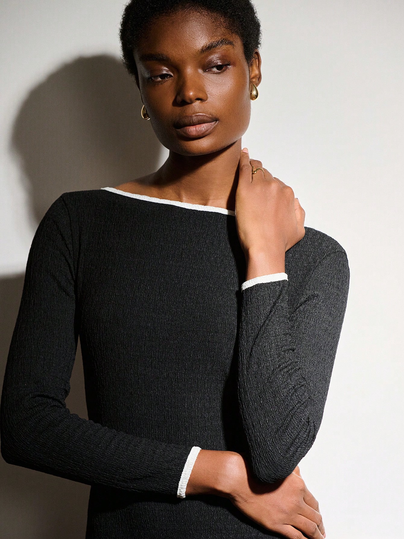 Black Longsleeve Boat Neck Maxi Fitted Dress With Pearl Trim Open Back Detail Vintage Style Chic Party Evening