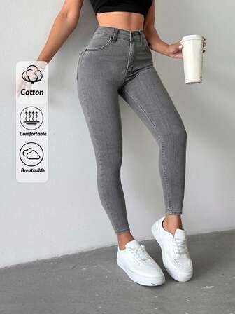 SHEIN PETITE Petite High Waist Casual Skinny Jean Jeggings For Women Grey Jeans Women Jeans High Waist Pants Skinny