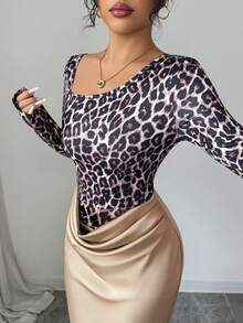 Elenzga Damen Herbst/Winter Leoparden Muster Farbblock asymmetrischer Kragen Langarm Farbblock Falten Taille figurbetonte A-Linie elegantes vielseitiges Alltagskleid