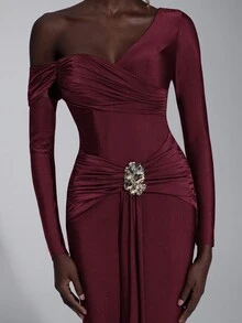 Elitara Elegant Brown Elastic Knit Asymmetrical One Shoulder Long Sleeve Dress,Metal Decor Fish Tail Front Flounce Ball Gown For Wedding,Party,Vacation - Burgundy - View 8