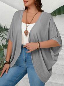 EMERY ROSE Plus Size Casual Solid Color Batwing Sleeve Jacket Shrug Plus Size - Grey - View 3
