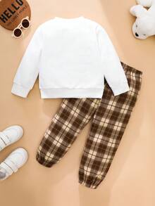 SHEIN Playful Pals Young Boy Winter Clothing White Color Pullover Long-Sleeve Sweatshirt Set Woven Plaid Fabric Trouser Playful And Cute Line-Drawn Expressive Dog Print Pattern 3D Ear Tab Boy Clothes For Toddler Ootd - Multicolor - View 3