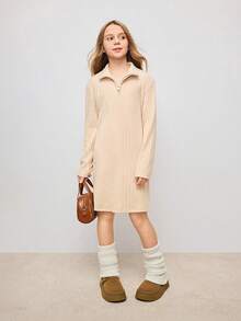 Tween Girl Half Zip Ribbed Knit Long Sleeve Dress - Black - View 4