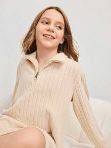 Tween Girl Half Zip Ribbed Knit Long Sleeve Dress - Black - View 5