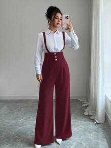 Elenzga 女士优雅浪漫直筒裤，带吊带腰和纽扣装饰 - 酒紅色 - 查看 5