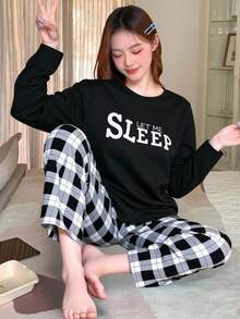 SHEIN 少女睡衣套装，简约韩版春秋新款，英文“SLEEP”印花黑色圆领长袖上衣搭配格子宽松舒适两件套家居服，返校格纹裤套装 - 黑色 - 查看 3