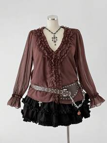 Sunspun Plus Size Women Elegant V-Neck Chiffon Blouse, Suitable For Dates - Brown - View 5