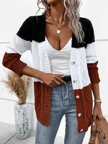EURMUSE Women's Contrast Color Long Sleeve Single-Breasted Casual Loose Knit Cardigan,Cardigans,Petite,Tall - Chocolate Brown - View 3