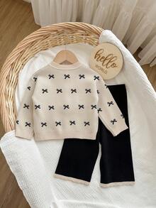 SHEIN Baby Girl Bow Decor Cardigan & Knit Pants Set Autumn Winter Clothes FoGirlen