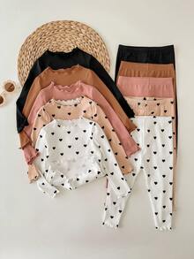 SHEIN 10 件女婴波尔卡圆点印花长袖 T 恤套装，可爱百搭，秋冬 - 彩色 - 查看 8