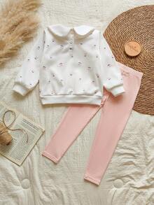 Vintaside Kids 少女秋冬两件套可爱甜美优雅樱桃印花套头衫+裤子 - 粉色 - 查看 2