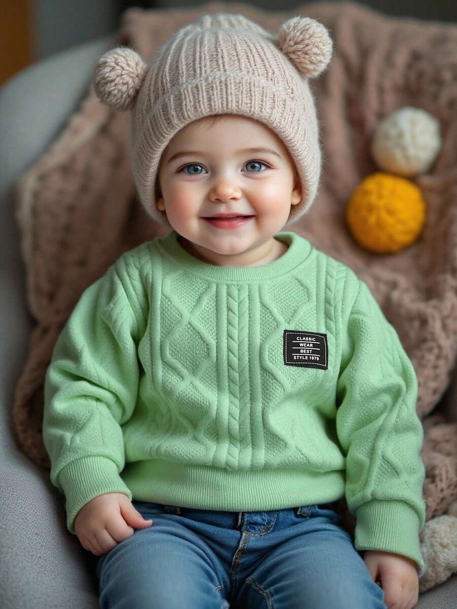 SHEIN Playful Pals 1pc Baby Boy Casual Letter Applique Knit Diamond Jacquard Pattern Crew Neck Sweatshirt, Comfortable Everyday Wear, Autumn/Winter, Family Matching Outfits Mommy And Me (3 Pieces Sold Separately) - Green - View 1