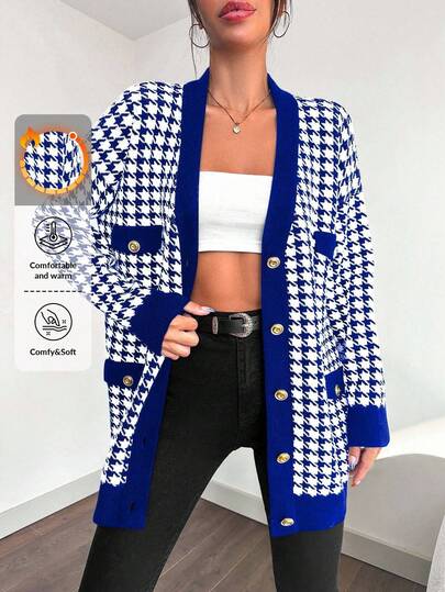 EURMUSE Dames cardigan met pied-de-poule print en lange mouwen