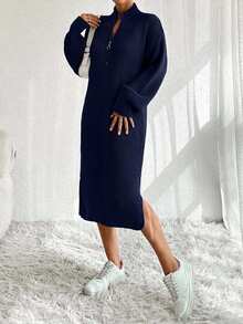 EURMUSE Women Knit Sweater Dress With Zipper Detail,Petite - Navy Blue - View 7
