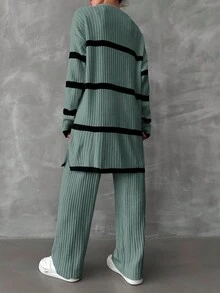 RueChic 2pcs Women Ribbed Contrast Trim Crew Neck Long Sleeve Top And Pants Sweater Set - Mint Green - View 2