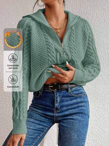 Flirla Maglione casual ampio con chiusura lampo, a maniche raglan e motivo a trecce, per donna, adatto per l'autunno