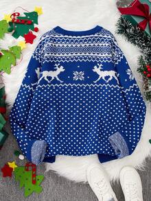 男士藏蓝色底白色驯鹿图案圆领长袖毛衣，冬季 - 藏蓝色 - 查看 2