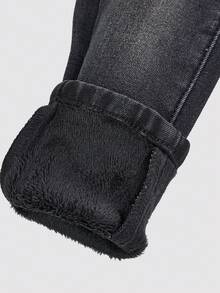 女童黑色牛仔保暖内衬弹力修身裤，秋冬季 - 黑色 - 查看 4