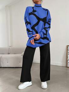 RueChic 女款印花長款毛衣和針織褲子兩件套裝 - 藍色 - 查看 5