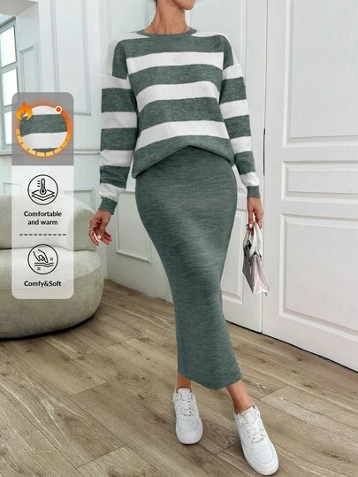EURMUSE 2pcs/Set Striped Brushed Skirt, Minimalist Fashionable Casual Daily Wear