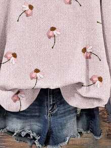 SHEIN LUNE Casual Minimalist Faux Fur Beaded Daisy Print Crew Neck Loose Fit Women Sweatshirt, Suitable For Autumn/Winter - Multicolor - View 6