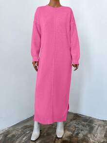 EURMUSE Women's Casual Solid Color Side Slit Maxi Sweater Dress, Autumn Winter - Hot Pink - View 5