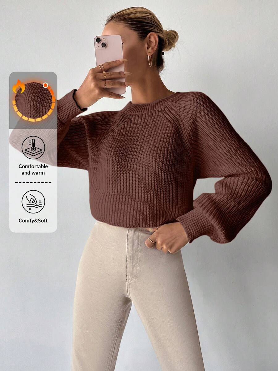 EURMUSE Suéter de punto con mangas raglán de unicolor casual, otoño - Marrón - Ver 1