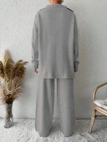 EURMUSE Women's Casual Solid Color Ribbed Knit Drop Shoulder Sweater And Pants 2-Piece Set, Autumn/Winter - Light Grey - View 2