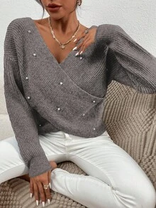 RueChic Pearl Detail Drop Shoulder Cross Front V-neck Sweater - Grey - View 4