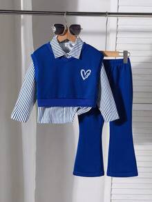 Elladie kids 3件套女童休闲条纹衬衫+爱心印花背心+裤子套装，秋冬季女童制服，蓝色荷叶边女童制服，5-6岁女童套装，闺蜜装蓝色亲子装 - 寶藍色 - 查看 3