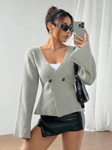 SHEIN Unity 女士优雅秋冬时尚束腰双排扣开衫 - 灰色 - 查看 7