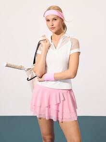 CourtClass Falda asimétrica con volantes de malla de cintura regular, con shorts y bolsillos, adecuada para uso diario casual, correr, yoga, gimnasio, tenis, golf y otros deportes, utilizable en todas las estaciones - Rosa - Ver 7