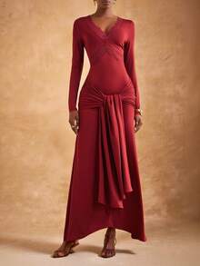 Zivah New Autumn And Winter Elegant Party, Luxurious And Noble Daily Date, Birthday Party, Sexy And High-End Party, Nightclub Style, Wedding Season Guest Dress, Music Festival Carnival Season Wedding Guest Formal Dress, Bride Dress, V-Neck, Lace Trim, Long Sleeves, Waist Tie Design, Asymmetrical Dress Hem, Slimming Dress, Super Long Dress, A-Line Dress, Wine Red Knitted Fabric, Women's Super Long Dress -A Elegant Dress For Women - Burgundy - View 3