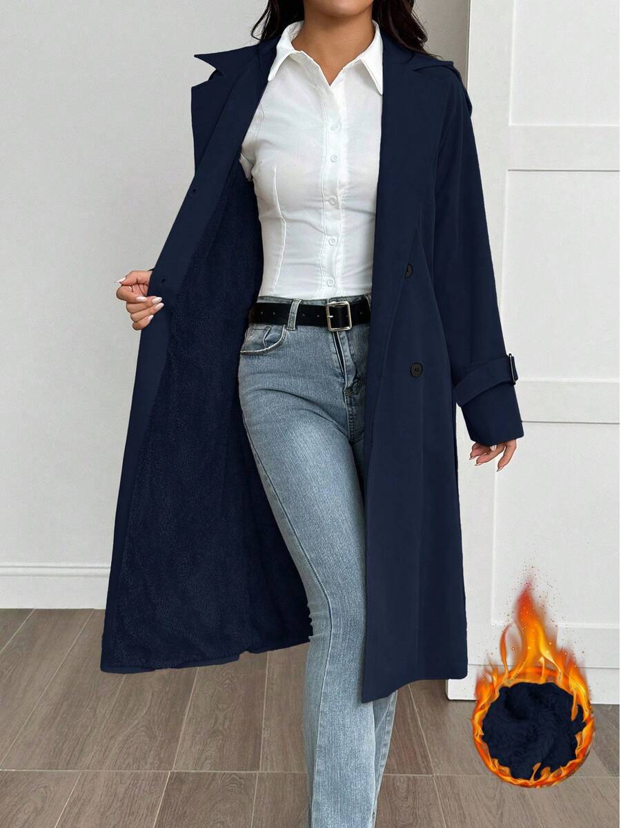 SHEIN PETITE 女款純色極簡休閒保暖長袖風衣,秋季女裝,適合嬌小女性 - 藏蓝色 - 查看 1