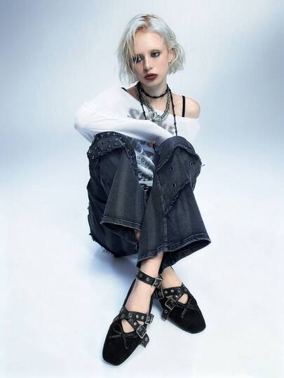 Sugerpunk CUCCOO Fashionable & Comfortable Square Toe Flat Black Chic Bow, Personalized Buckle Strap , Cross Strap Perforated Eyelet Flat Loafers