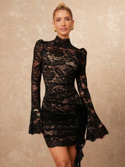 Lumalex Summer Spring High Collar Lace Padded Shoulder Flare Sleeve Cinched Waist Ruched Flounce Hem Women Mini Dress Black Lace Dress Long Sleeve Elegant Dress Slay Diva Dress Luxury Prom Gathering Party Banquet Modest Old Money Glitter Holiday Party Rave Festival Outing Vacation Hot Outdoor Richly Layered Wedding Season Banquet Party New Year Black Sexy Dress Looks Of Party Gala Night Party Dress For Autumn Matching Set His & Hers, Proposal Gift Of Love Celebration Sweetheart Be My Valentine Date Night Dress Little Black Dress Bodycon Dress Cocktail Dress