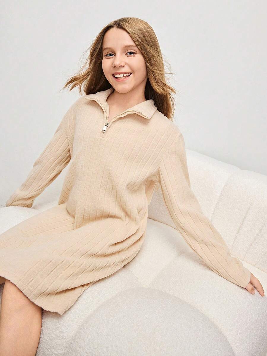 Tween Girl Half Zip Ribbed Knit Long Sleeve Dress - Black - View 1