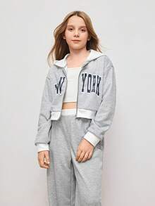 Bộ áo hoodie có khóa kéo thời trang xuân thu đông cho bé gái, áo khoác có mũ màu trắng tương phản và quần ống rộng, quần có cạp chun màu trắng đặc biệt, in chữ "NEW YORK" thời trang cổ điển, phù hợp mặc ở nhà và dạo phố - Nhiều màu - Xem 3