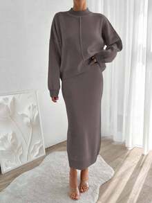 EURMUSE Women's Autumn Simple Solid Color Batwing Sleeve Sweater And Skirt Set - Mocha Brown - View 7