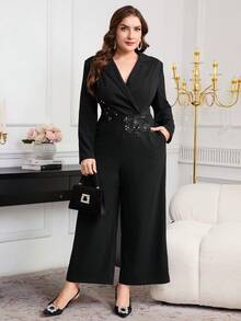 Ellevyn Plus Size Women's Elegant Black Long Sleeve Long Jumpsuit With Pockets And Lace Trim, Suitable For Autumn And Winter - Black - View 6