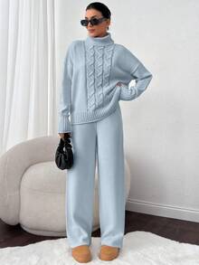 EURMUSE 2pcs/Set High Neck Cable Knit Pullover Sweater And Knitted Long Pants - Baby Blue - View 5