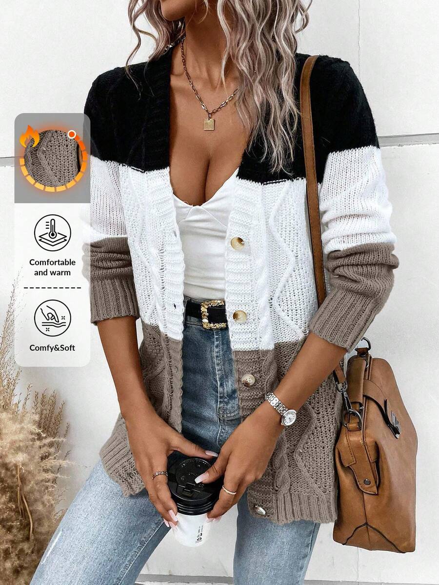 EURMUSE Women's Contrast Color Long Sleeve Single-Breasted Casual Knit Cardigan,Cardigans,Petite,Tall - Mocha Brown - View 1