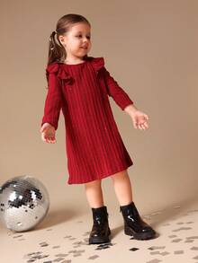 SUMWON Girls Long Sleeve Ribbed Knit Sparkle Dress With Ruffle Shoulders Holiday Party Winter Sweater Dress - Burgundy - View 6