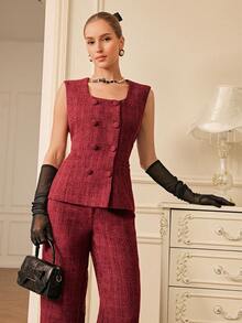 Aveloria Rosie 2pcs Set: Fashionable Minimalist High-End Double-Breasted Tweed Vest And High-Waisted Wide-Leg Pants - Red - View 5