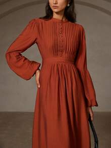 Aveloria Rosie Vestido Midi de Manga Larga Solta com Design de Nicho, Elegante e da Moda - Castanho - Visão 2