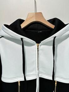 GlowEve 女式优雅撞色修身腰部假口袋金属拉链连帽衫和喇叭裤两件套，秋冬 - 白色 - 查看 4