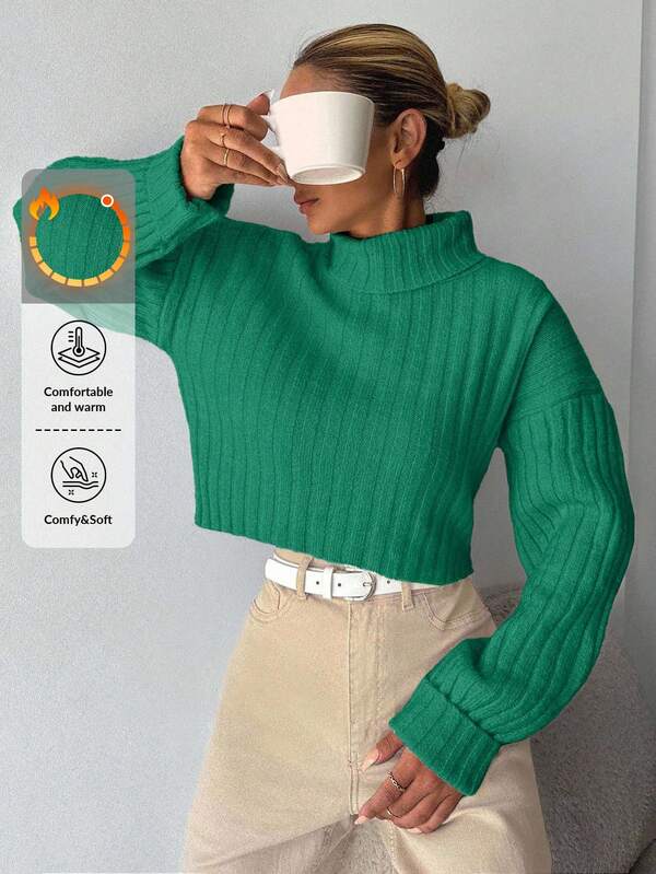 SHEIN Women Casual Solid Color Turtleneck Cropped Knit Sweater, Autumn/Winter,Jumper,Cream Jumper,Jumpers,Black Jumper,Womens Jumper,White Jumper,Women's Jumper,Women's Jumpers
